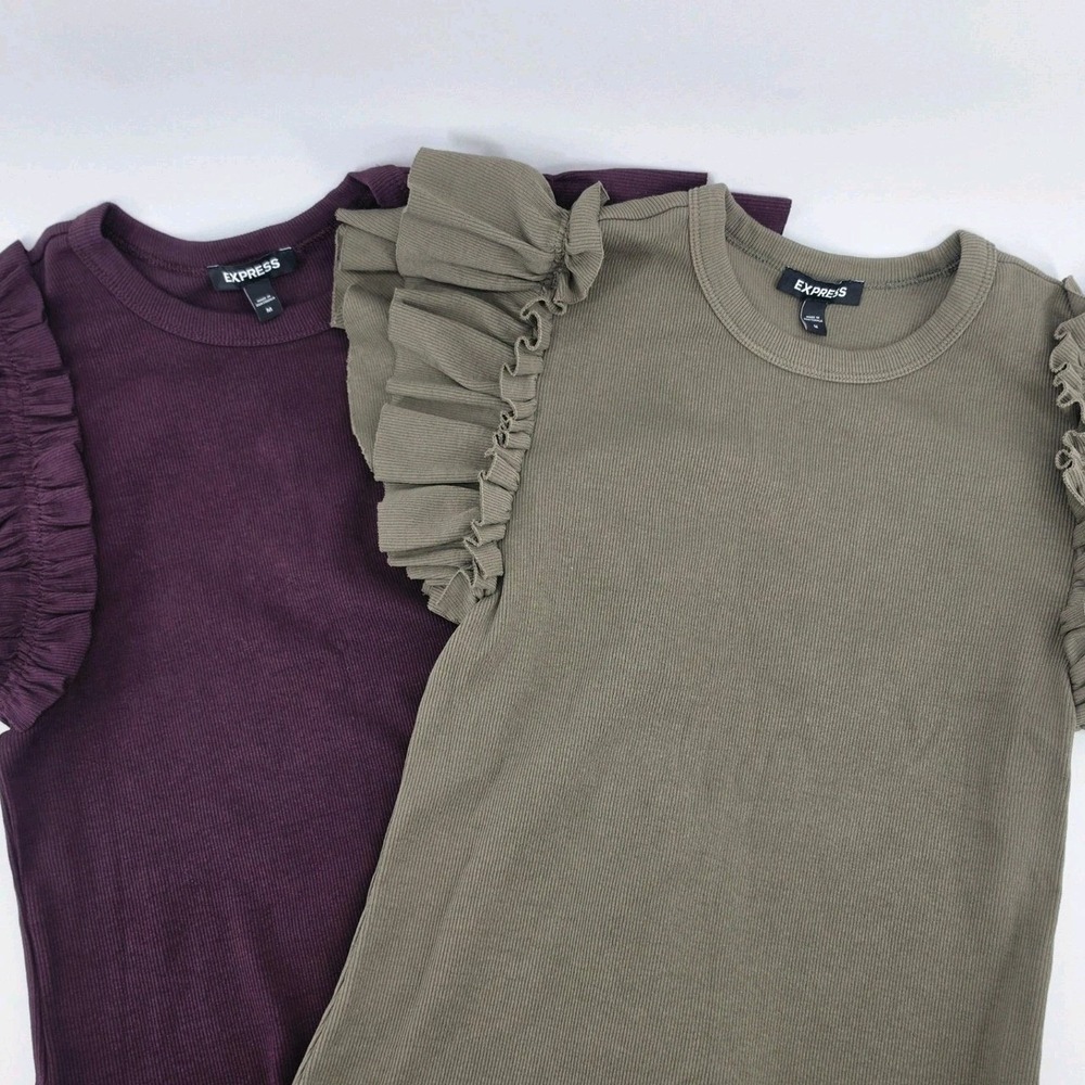 Express Ruffle Sleeve Ribbed Top Lot 2 Medium Olive Purple Flutter Layered Tee